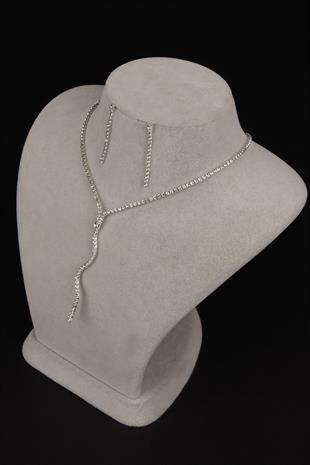 Dalgalı Venüs Şık Kristal Taşlı Abiye Kolye Ve Küpe Seti