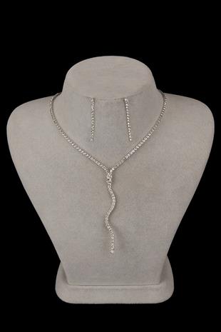 Dalgalı Venüs Şık Kristal Taşlı Abiye Kolye Küpe Seti Ve Yaprak Gelin Tacı