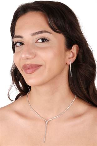 Damla Şık İnce Kristal Taşlı Abiye Kolye Ve Küpe Seti