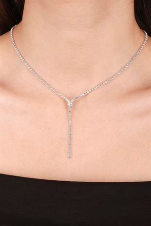 Damla Şık İnce Kristal Taşlı Abiye Kolye Ve Küpe Seti