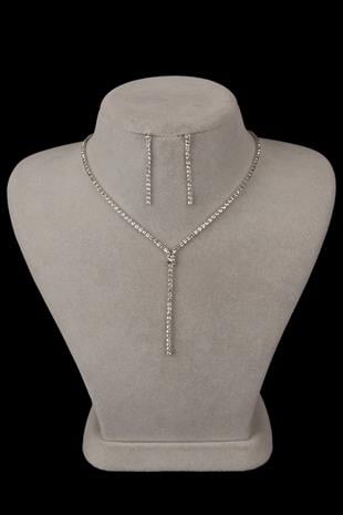 Damla Şık İnce Kristal Taşlı Abiye Kolye Ve Küpe Seti