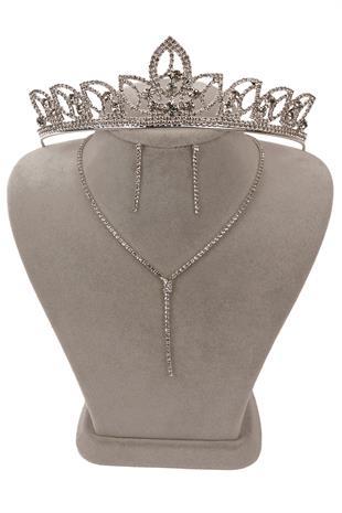 Damla Şık Kristal Taşlı Abiye Kolye Küpe Seti Ve Çiçek Gelin Tacı