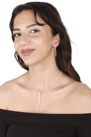 Damla Şık Kristal Taşlı Abiye Kolye Küpe Seti Ve Gül Gelin Tacı