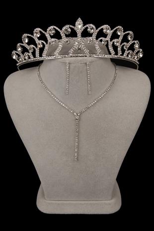 Damla Şık Kristal Taşlı Abiye Kolye Küpe Seti Ve Gül Gelin Tacı