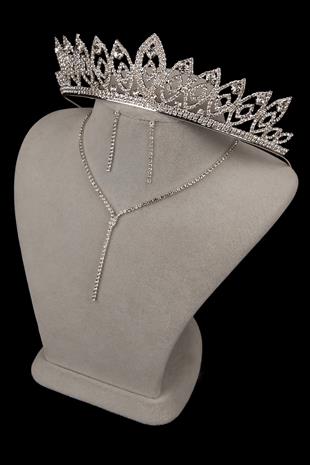 Damla Şık Kristal Taşlı Abiye Kolye Küpe Seti Ve İnce Yaprak Gelin Tacı