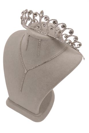 Damla Şık Kristal Taşlı Abiye Kolye Küpe Seti Ve Gül Gelin Tacı