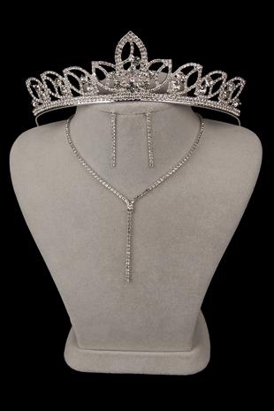 Damla Şık Kristal Taşlı Abiye Kolye Küpe Seti Ve Çiçek Gelin Tacı