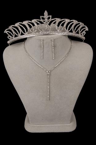 Damla Şık Kristal Taşlı Abiye Kolye Küpe Seti Ve Lale Gelin Tacı