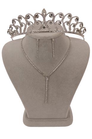 Damla Şık Kristal Taşlı Abiye Kolye Küpe Seti Ve Gül Gelin Tacı