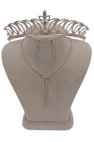 Damla Şık Kristal Taşlı Abiye Kolye Küpe Seti Ve Lale Gelin Tacı