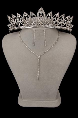 Damla Şık Kristal Taşlı Abiye Kolye Küpe Seti Ve İnce Yaprak Gelin Tacı