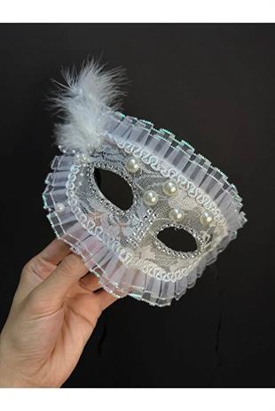 Lace Pearl Feather Venetian Mask Masquerade Ball Costume Accessory