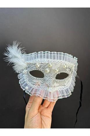 Lace Pearl Feather Venetian Mask Masquerade Ball Costume Accessory