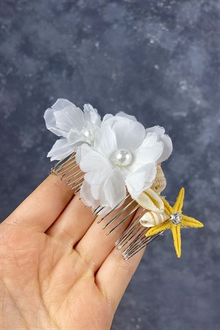 Deniz Yıldızlı Ve Bahar Dallı Çiçekli Saç Tokası