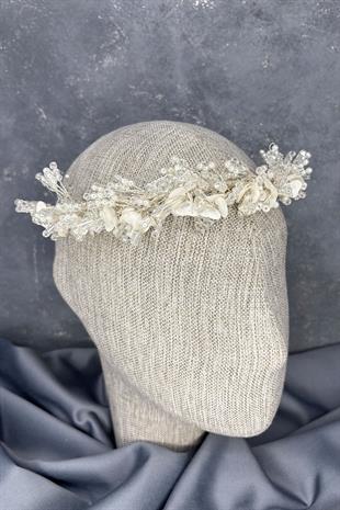 Detra Yoğun İşlemeli Sedefli Kristalli Gelin Tacı Saç Aksesuarı