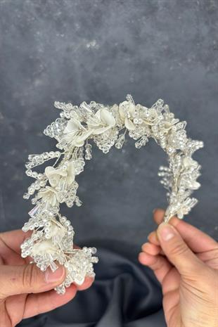 Detra Yoğun İşlemeli Sedefli Kristalli Gelin Tacı Saç Aksesuarı