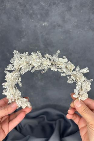 Detra Yoğun İşlemeli Sedefli Kristalli Gelin Tacı Saç Aksesuarı