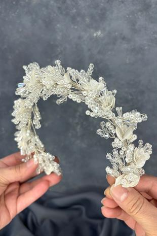 Detra Yoğun İşlemeli Sedefli Kristalli Gelin Tacı Saç Aksesuarı