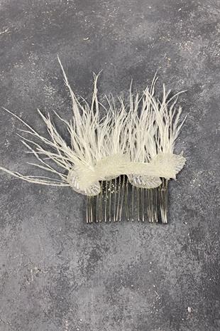 Deve Kuşu Tüylü Ve Yaprak Desenli Gelin Saç Tokası