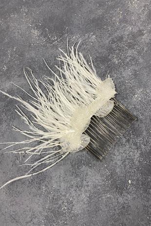 Deve Kuşu Tüylü Ve Yaprak Desenli Gelin Saç Tokası