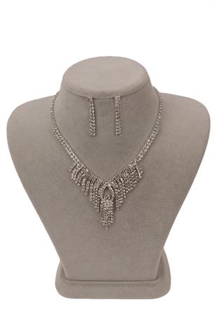 Dila Kristal Taşlı Abiye Kolye Küpe Seti Ve İnce Yaprak Gelin Tacı