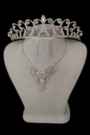 Dila Kristal Taşlı Abiye Kolye Küpe Seti Ve Gül Gelin Tacı 