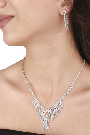 Dila Kristal Taşlı Abiye Kolye Küpe Seti Ve Yaprak Gelin Tacı