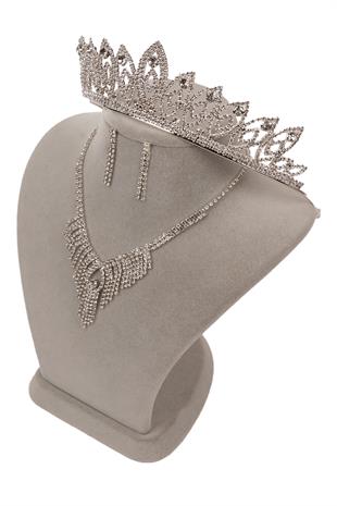 Dila Kristal Taşlı Abiye Kolye Küpe Seti Ve İnce Yaprak Gelin Tacı