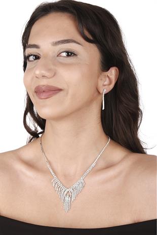 Dila Kristal Taşlı Abiye Kolye Küpe Seti Ve Gül Gelin Tacı 