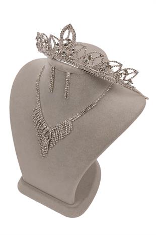 Dila Kristal Taşlı Abiye Kolye Küpe Seti Ve Yaprak Gelin Tacı