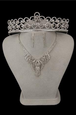 Dila Kristal Taşlı Abiye Kolye Küpe Seti Ve Çiçek Gelin Tacı