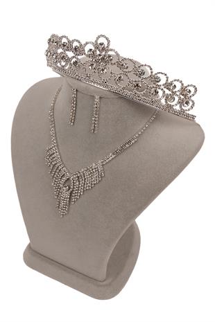 Dila Kristal Taşlı Abiye Kolye Küpe Seti Ve Çiçek Gelin Tacı