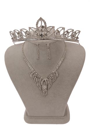 Dila Kristal Taşlı Abiye Kolye Küpe Seti Ve Yaprak Gelin Tacı