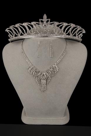 Dila Kristal Taşlı Abiye Kolye Küpe Seti Ve Lale Gelin Tacı