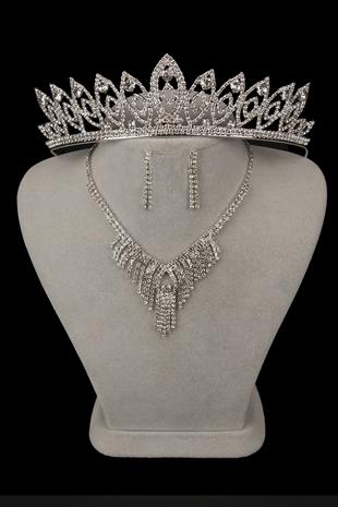 Dila Kristal Taşlı Abiye Kolye Küpe Seti Ve İnce Yaprak Gelin Tacı