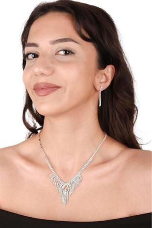 Dila Kristal Taşlı Abiye Kolye Küpe Seti Ve Gül Gelin Tacı