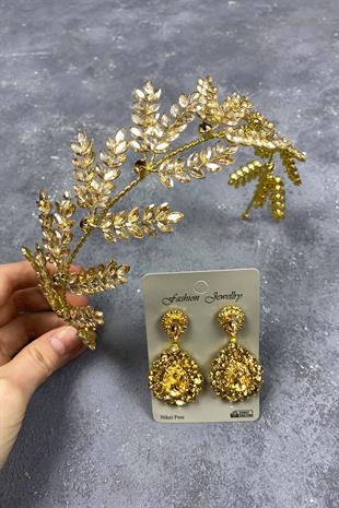 Dilana Leaf Branch Bridal Hair Accessory and Studded Earrings