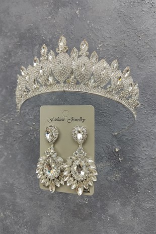 Dilruba Model Gelin Tacı Ve Damla Mekik Taşlı Küpe