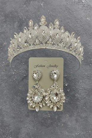 Dilruba Model Gelin Tacı Ve Damla Mekik Taşlı Küpe