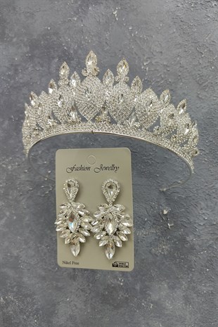 Dilruba Model Gelin Tacı Ve Damla Taşlı Küpe