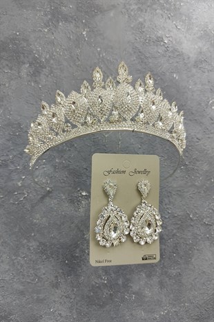 Dilruba Model Gelin Tacı Ve Mekik Taşlı Küpe