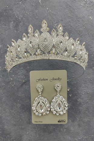 Dilruba Model Gelin Tacı Ve Mekik Taşlı Küpe