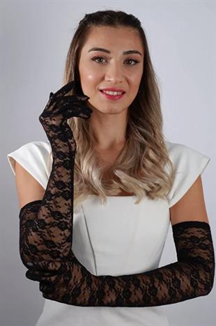 Dirsek Boyu Zarif Dantelli 62 cm Cm Uzun Abiye Nişan Eldiveni