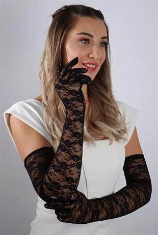 Dirsek Boyu Zarif Dantelli 62 cm Cm Uzun Abiye Nişan Eldiveni