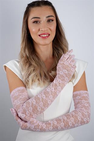 Dirsek Boyu Zarif Dantelli 62 Cm Uzun Abiye Nişan Eldiveni Kına Düğün Nikah