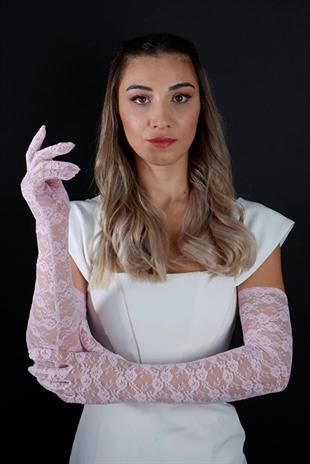 Dirsek Boyu Zarif Dantelli 62 Cm Uzun Abiye Nişan Eldiveni Kına Düğün Nikah