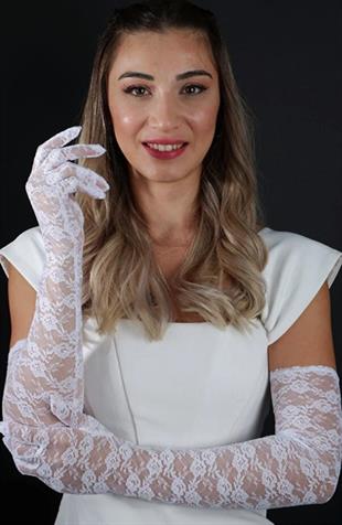 Dirsek Boyu Zarif Dantelli Uzun 62 cm Abiye Nişan Eldiveni Kına Düğün Nikah