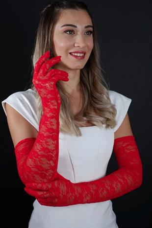 Dirsek Boyu Zarif Dantelli Uzun Abiye Nişan Eldiveni Kına Düğün Nikah