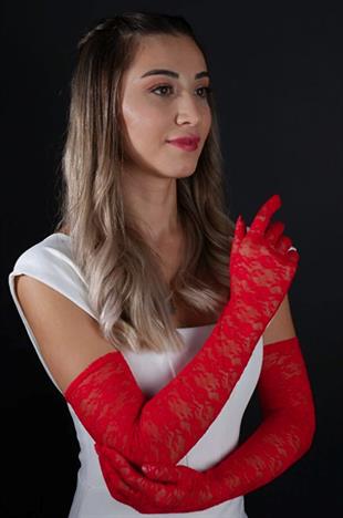 Dirsek Boyu Zarif Dantelli Uzun Abiye Nişan Eldiveni Kına Düğün Nikah