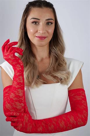 Dirsek Boyu Zarif Dantelli Uzun Abiye Nişan Eldiveni Kına Düğün Nikah